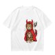 Olive T-shirt with a tabby cat in a devil hood and skull cat graphic
