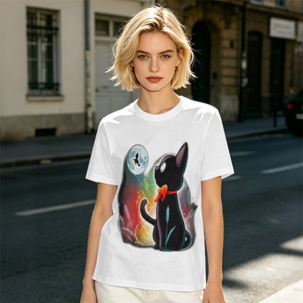 Olive T-shirt with black cat watching moon witch silhouette print