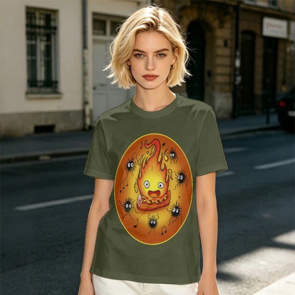 Olive T-Shirt Featuring Calcifer and Soot Sprites Artwork