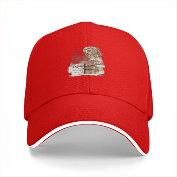 Black baseball cap with owl coffee and books graphic