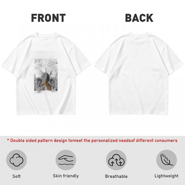 Olive green graphic t-shirt with symmetrical dark and orange artwork