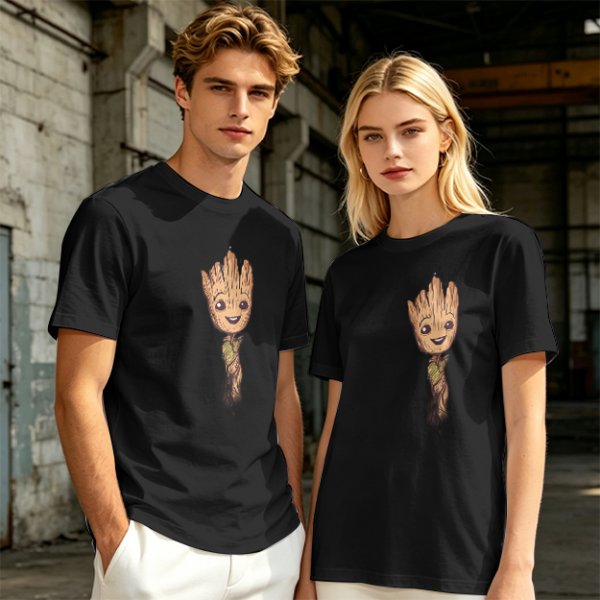 Olive Green T-Shirt with Smiling Baby Groot Graphic
