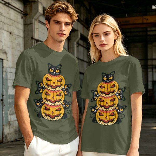 Olive Halloween T-Shirt with Stacked Jack-o'-Lanterns and Black Cats