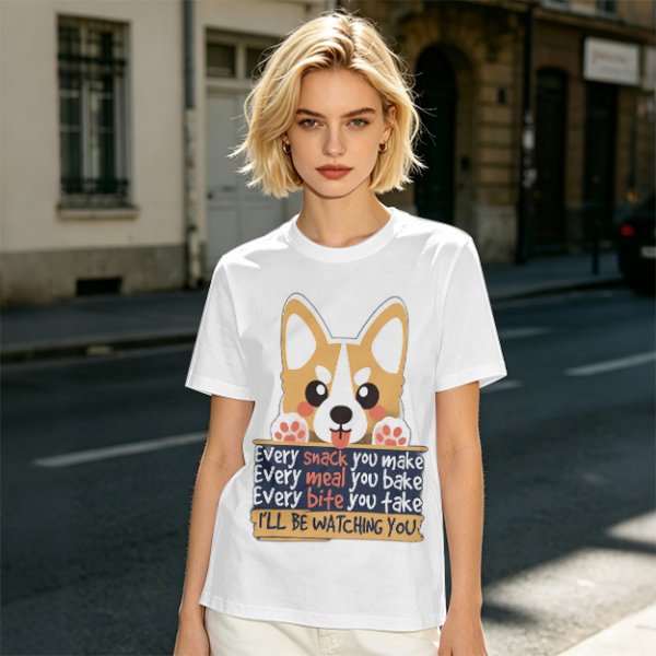 Olive t-shirt with corgi graphic and 'I'll Be Watching You' snack quote
