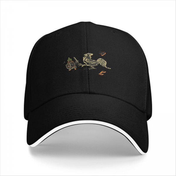 Black Baseball Cap With Rooster And Small Warrior Graphic Design