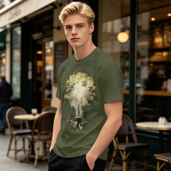 Olive Green T-Shirt With Glowing Tree Reflection Art