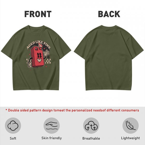 Olive T-Shirt with Retro Cartoon Gas Can 'Aged Like Fine' Print