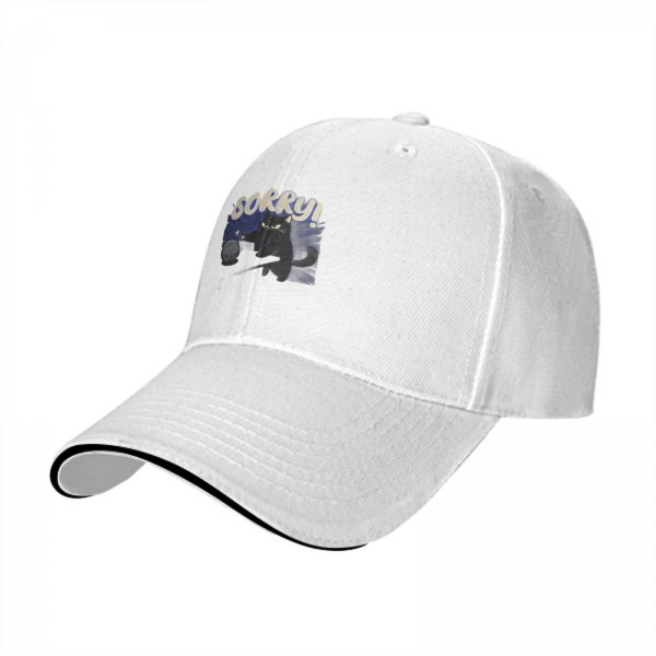 Black baseball cap with angry black cat graphic and 'SORRY!' text