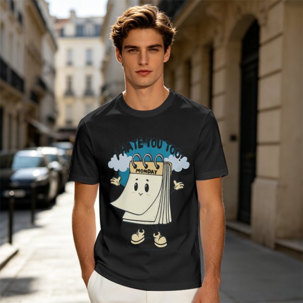 Olive t-shirt with cartoon Monday calendar graphic and 'I HATE YOU TOO' text