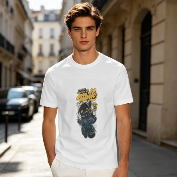 Olive T-shirt with Astronaut Cat 'I'm Just Here For The Milk' Print