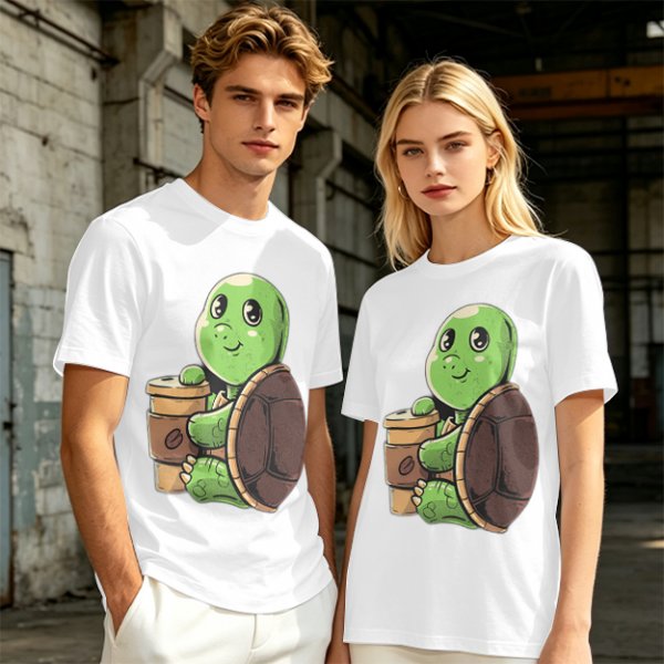 Olive Green T-Shirt With Cute Turtle Holding Coffee Cup Print