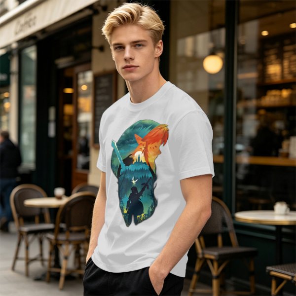 Olive green t-shirt with fantasy warrior silhouette graphic
