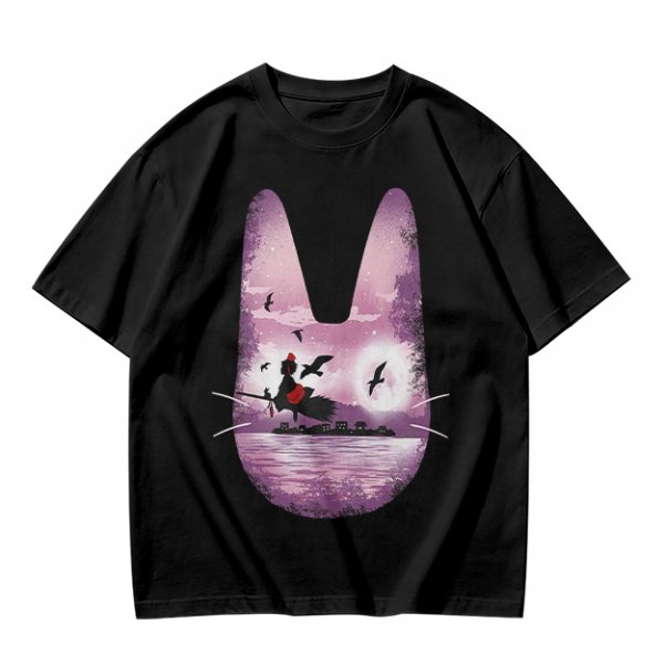 Olive T-Shirt With Witch Riding Broom Silhouette In Bunny Outline
