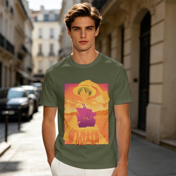One Piece Straw Hat Crew Sunset Pirate Ship Graphic T-Shirt