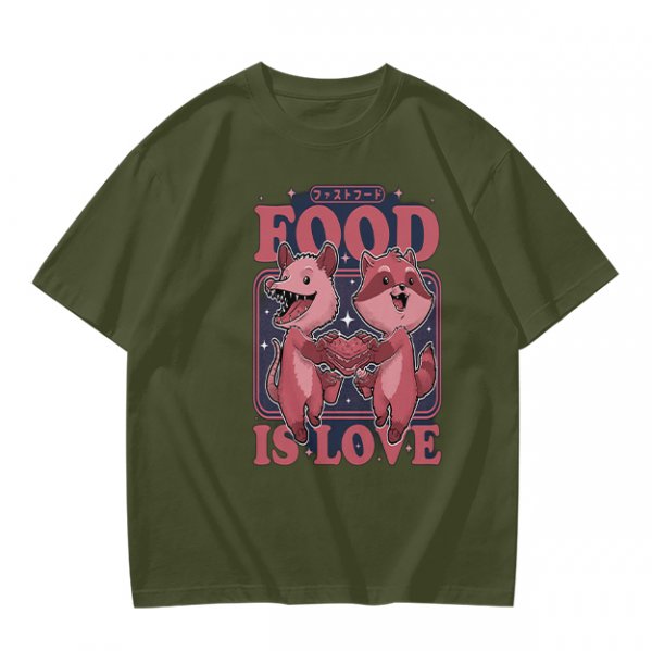 Olive graphic t-shirt with food is love and cartoon animal design
