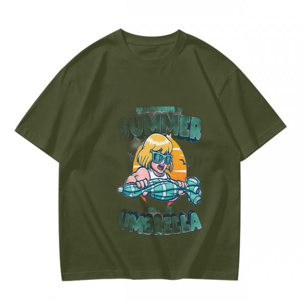 Olive Summer Umbrella Graphic T-Shirt with Retro Beach Illustration