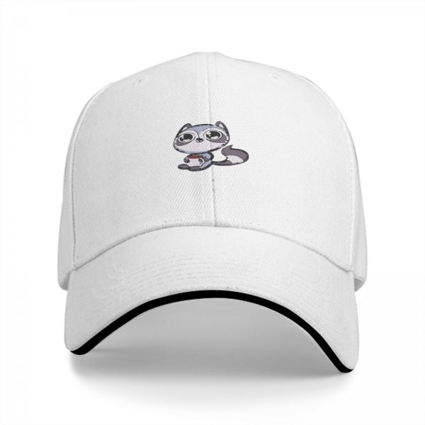 Black baseball cap with cute raccoon holding a coffee cup graphic