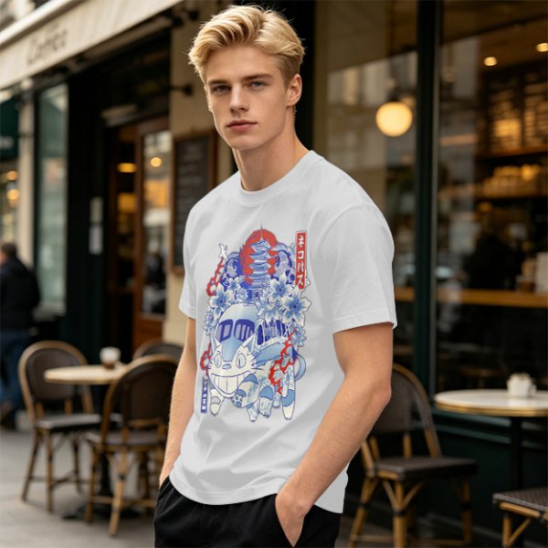 Olive green t-shirt with cat bus and Japanese traditional art print
