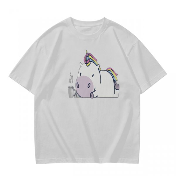 Olive green t-shirt with a chubby unicorn holding a steaming coffee cup