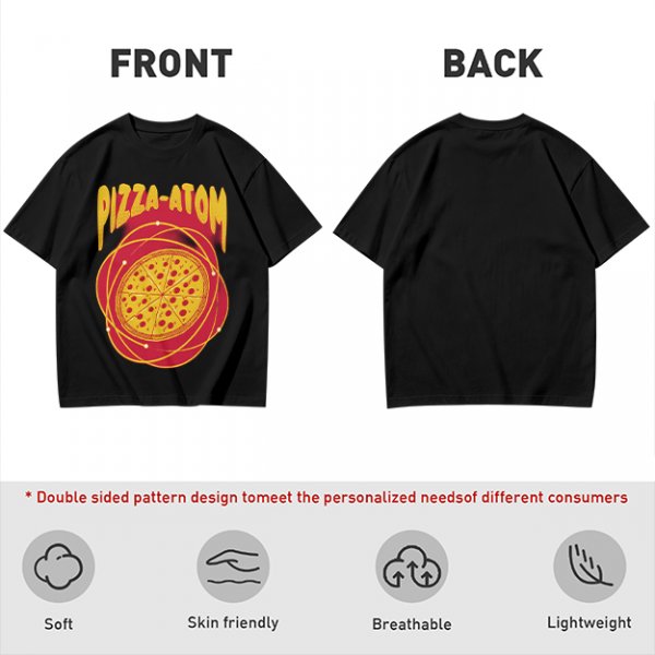 Olive green graphic t-shirt with pizza atom design