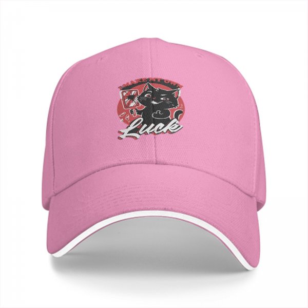 Black baseball cap with 'I Make My Own Luck' cat graphic
