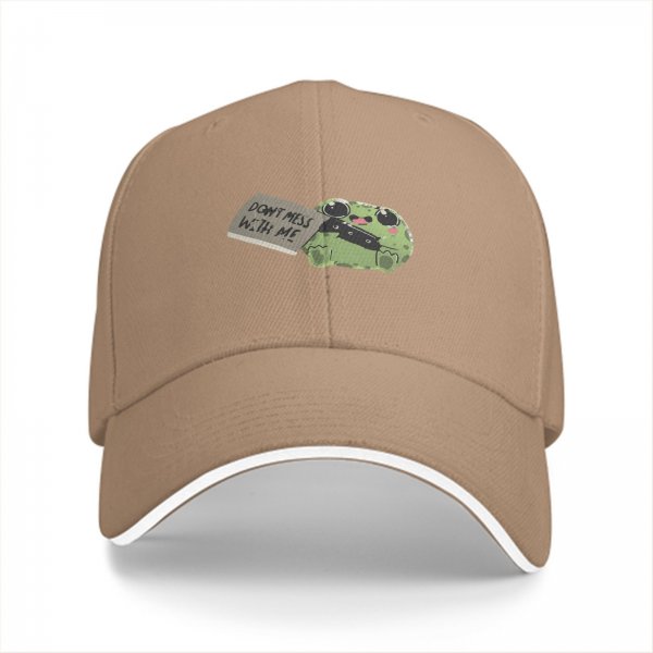 Black baseball cap with cute frog holding 'Don't mess with me' sign