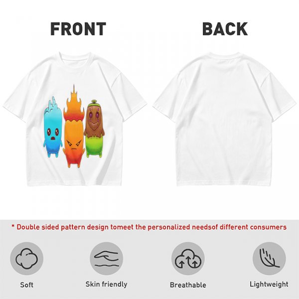 Olive T-Shirt With Cute Water Fire And Earth Elemental Characters