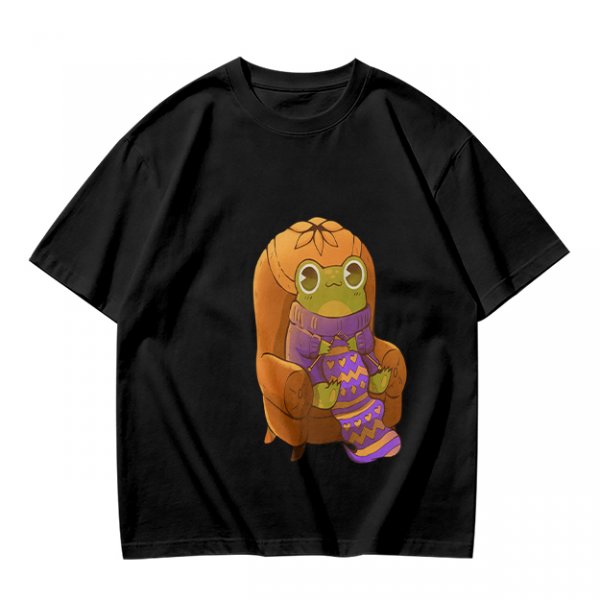 Olive Green T-Shirt with Cozy Frog in Pumpkin Hat Graphic