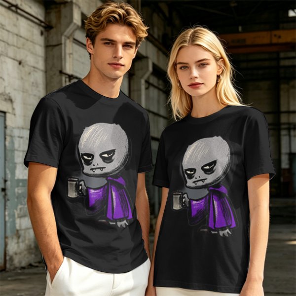 Olive T-Shirt With Grumpy Vampire Holding Coffee Mug Print