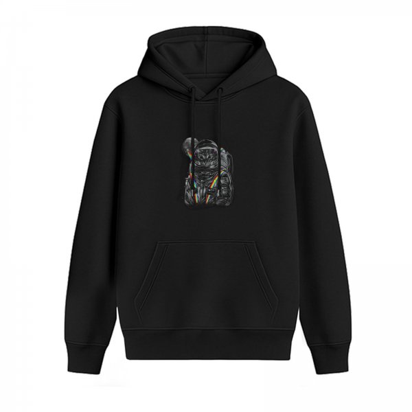 Black Hoodie With Astronaut Cat Rainbow Graphic Print