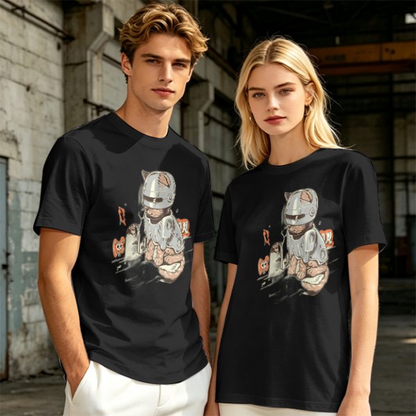 Olive Green T-Shirt With Cat In Robot Helmet Graphic Print