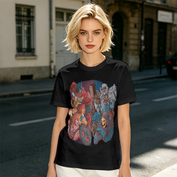 Olive T-shirt with 80s cartoon character crossover graphic