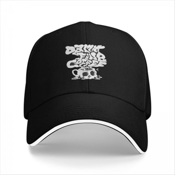 Black baseball cap with drink fine coffee skull cup graphic