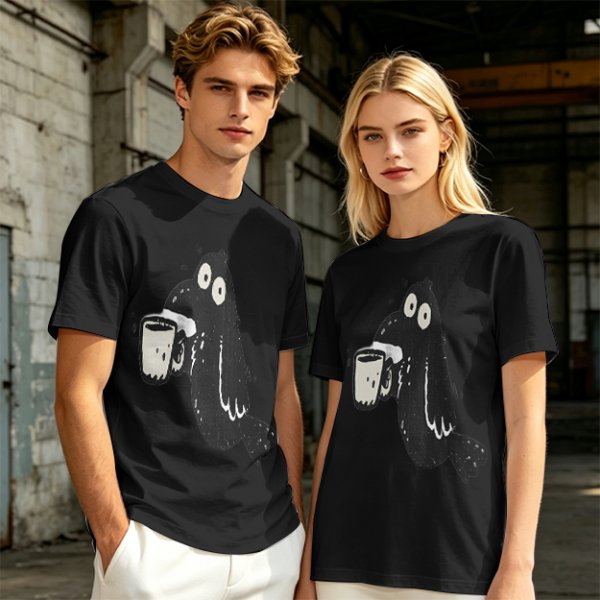 Olive Green T-Shirt With Cartoon Crow Holding Coffee Mug Print