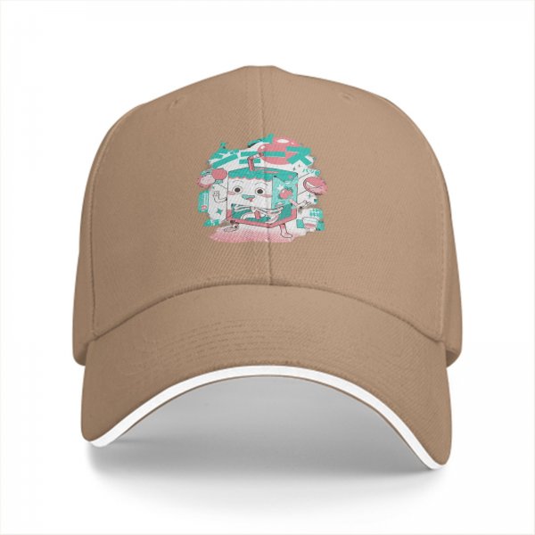 Black Baseball Cap with Cute Cartoon Juice Box Character Print