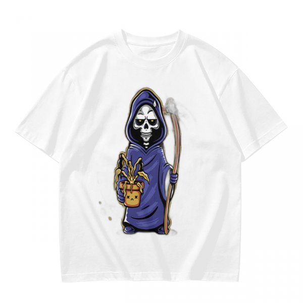 Olive T-Shirt With Cute Grim Reaper Holding Wilted Potted Plant Print