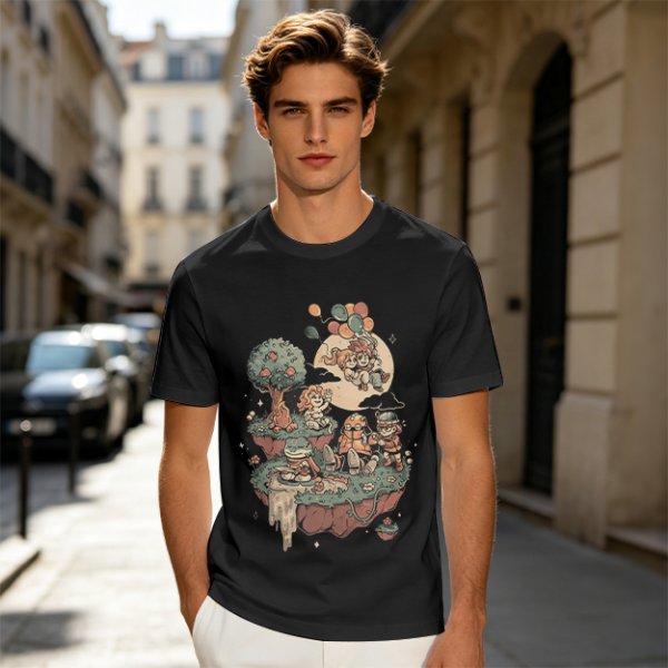 Olive T-Shirt With Whimsical Floating Island Children Art Print