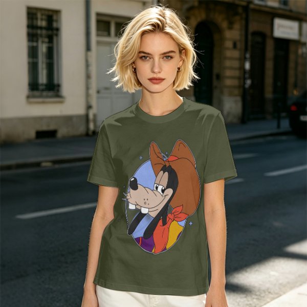 Olive T-Shirt Featuring Cowboy Goofy Cartoon Graphic