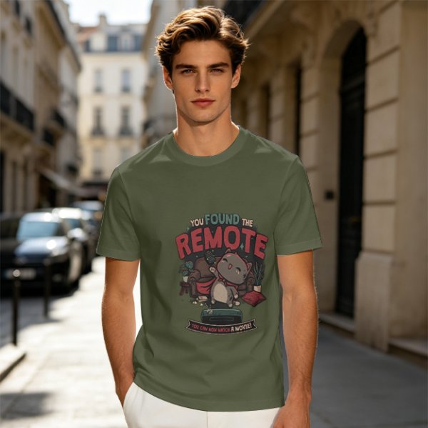 Olive t-shirt with cat graphic and 'You Found The Remote' movie text