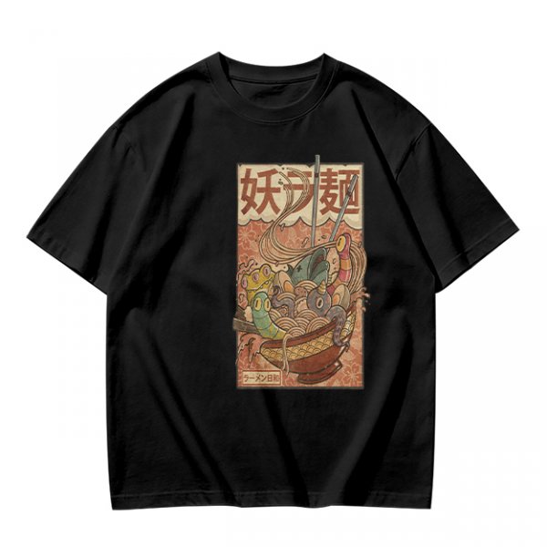 Olive T-shirt with Vintage Yokai Ramen Bowl Graphic Print