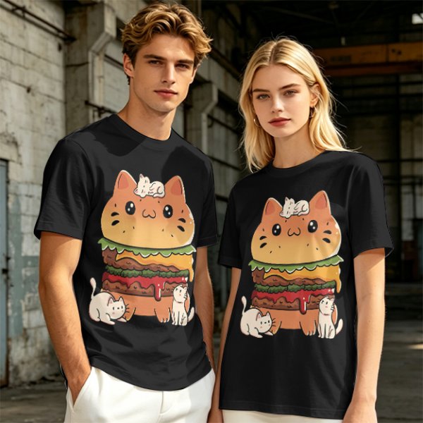 Olive T-Shirt With Cute Cat Burger And Kittens Print