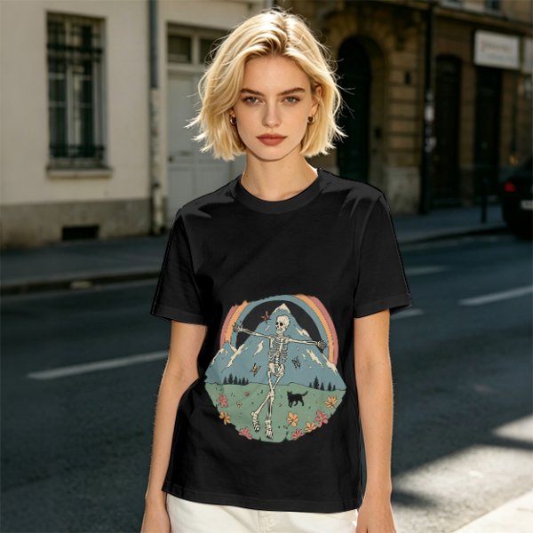 Olive T-shirt with Dancing Skeleton Mountain Rainbow Cat Graphic