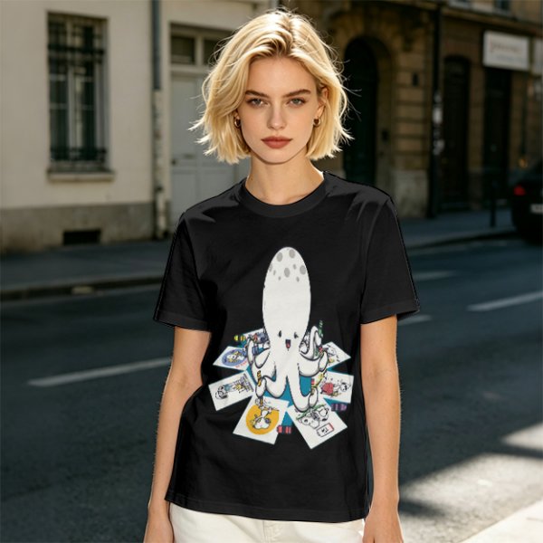 Olive T-Shirt With Cute Octopus Drawing Artwork Print