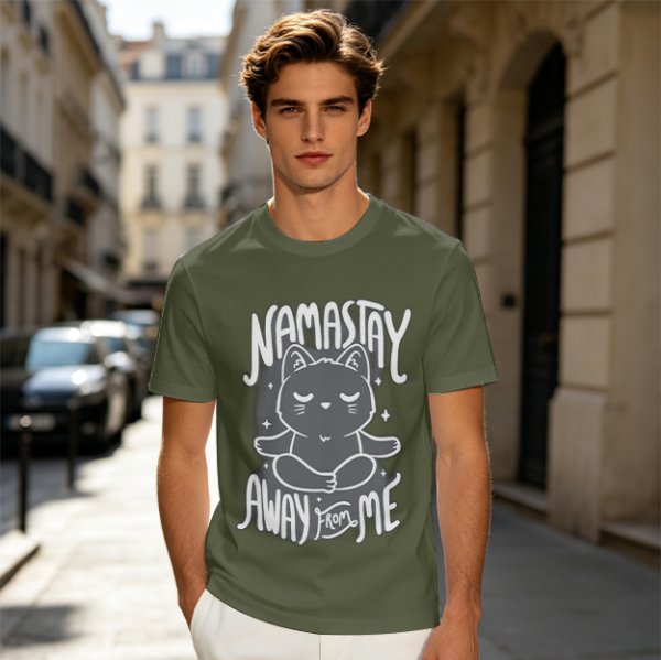 Olive green t-shirt with meditating cat and 'namastay away from me' print