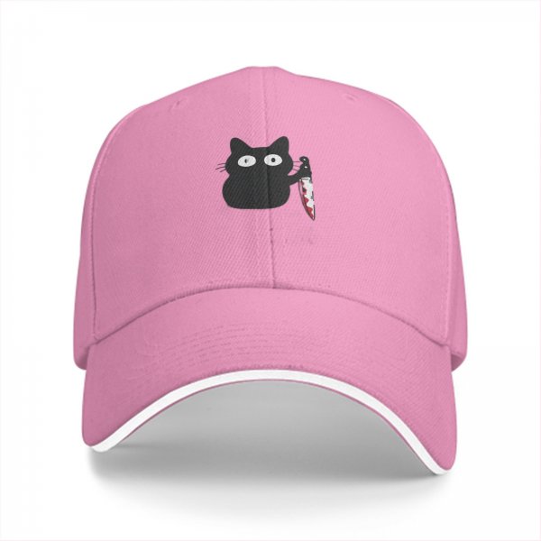 Black Baseball Cap With Cute Cat Holding Bloody Knife Print
