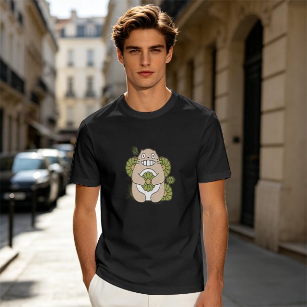 Olive Green T-Shirt With Cute Totoro And Leaf Print