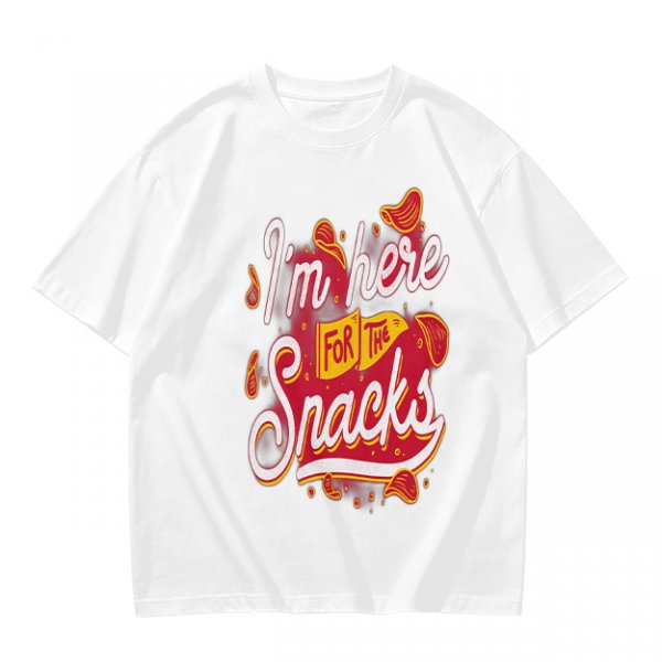 Olive green graphic tee with 'I'm here for the snacks' print