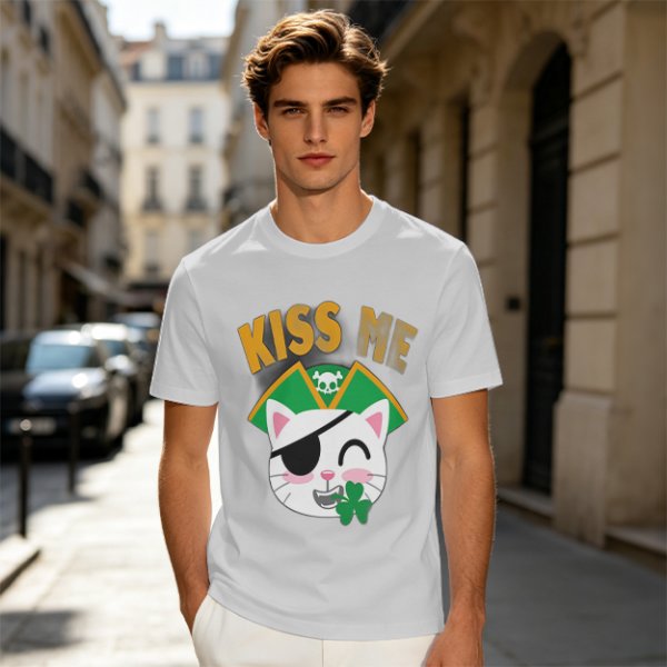 Kiss Me Pirate Cat Shamrock Graphic T-Shirt