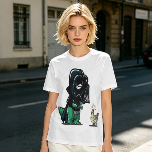 Olive T-shirt with cartoon dinosaur in Darth Vader helmet and chicken print