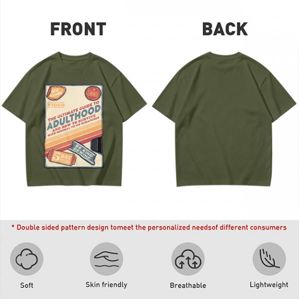 Olive t-shirt with retro guide to adulthood VHS-style print